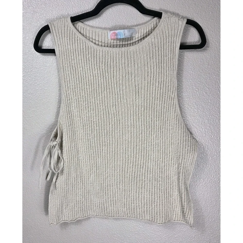 FP Beach Lizzie Sweater Side Tie Tank Top Cream Rib Knit Women's Small Boho